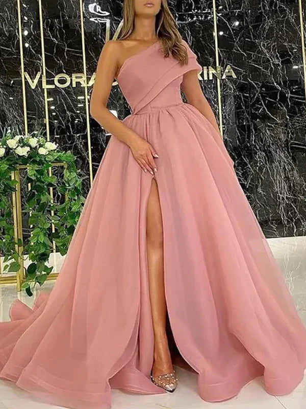 Vestidos formales para mujer, precioso vestido de fiesta rosa con volantes, un hombro, sin mangas, con cola larga/cortada / Tienda de vestidos de fiesta